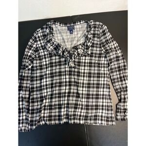 Chaps Top Womens XL Black White Plaid Ruffle Pullover ‎ Long Sleeve Tee Casual